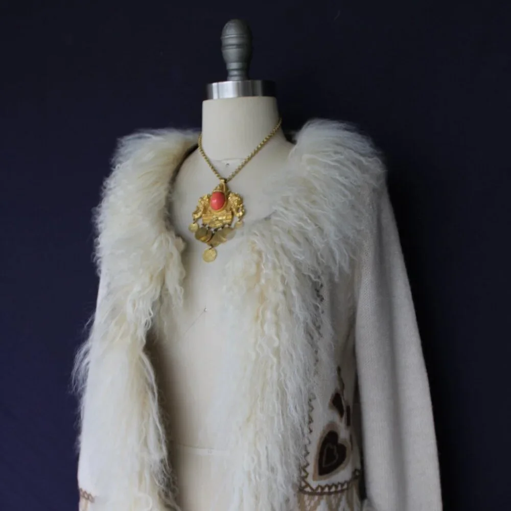 vintage Mongolian Curley lamb wool cardigan cowichan sweater jacket aplique M - Picture 8 of 12
